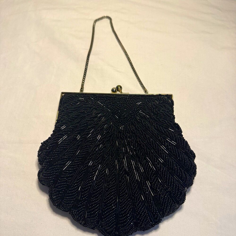 Walborg Black Beaded Evening Bag Clutch Purse w/ Chain Strap Formal 1950'/60's